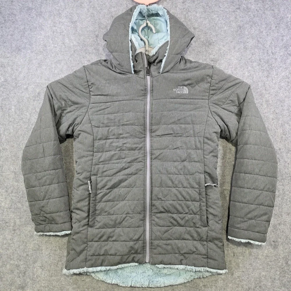 The North Face‎ Mossbud Swirl Jacket Girls XL 18 Gray Sherpa Fleece Lined Puffer